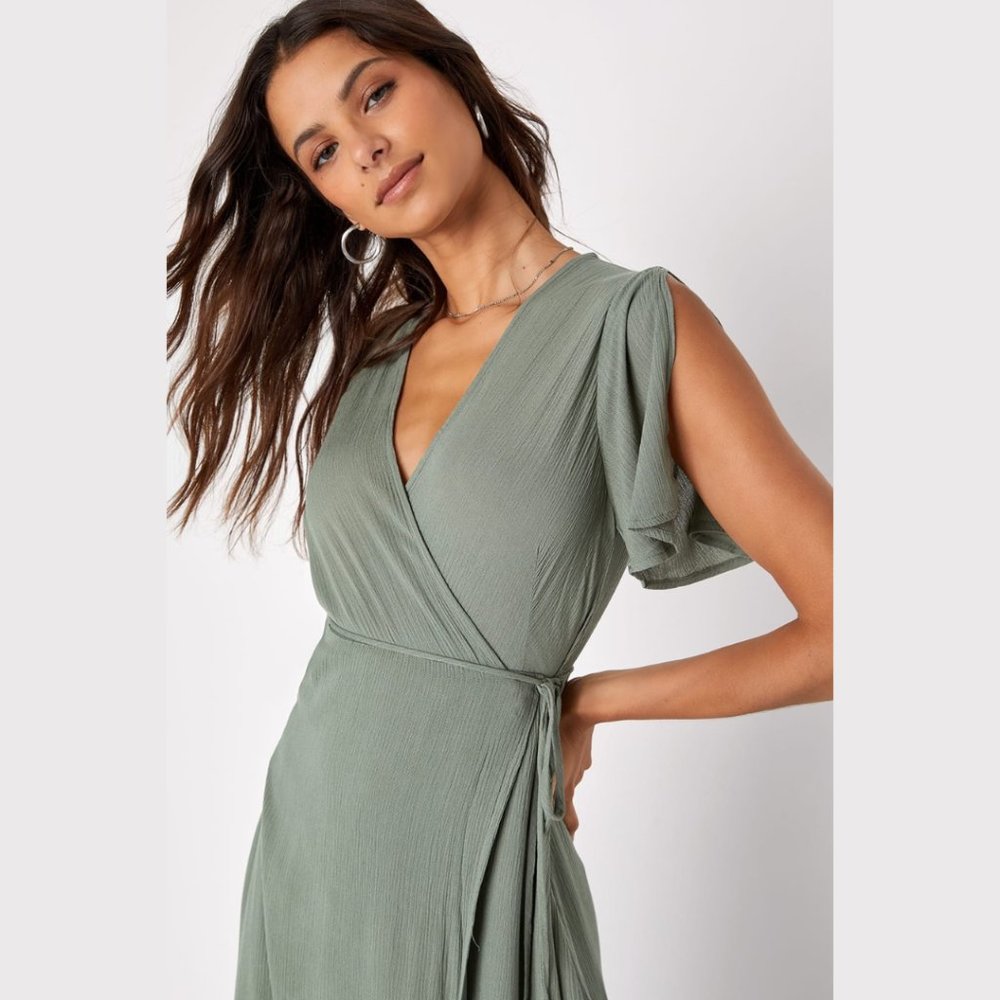 👗 LULU'S | Much Obliged Washed Olive Green Wrap Maxi Dress | Size S - Picture 2 of 12